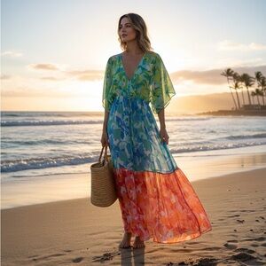 Bleu Rod Beattie Summer Escapes Chiffon Sheer Swimwear Cover-Up Dress Size Large